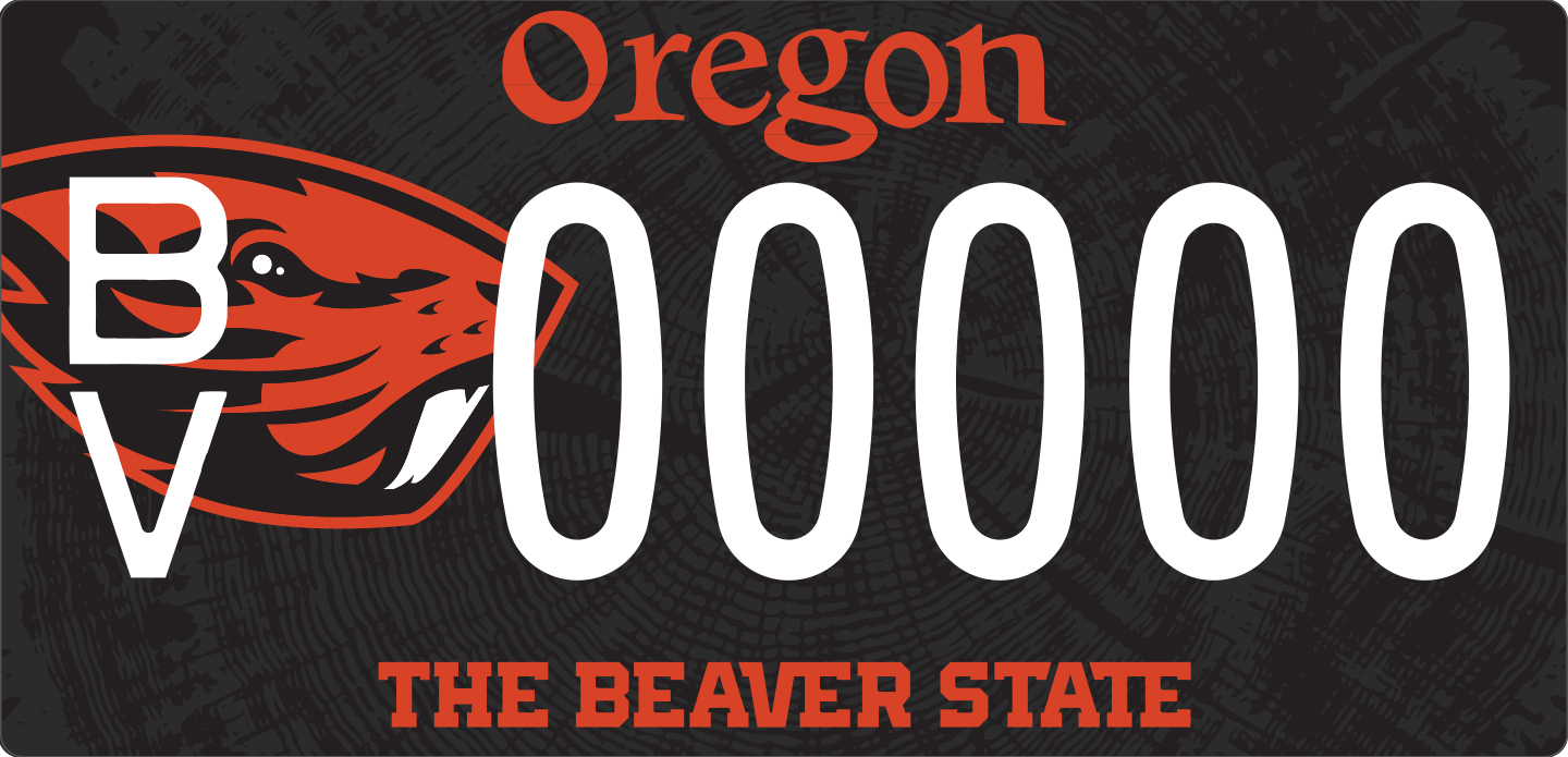 Beaver license plate, featuring orange beaver head, wood grain background and white numbers