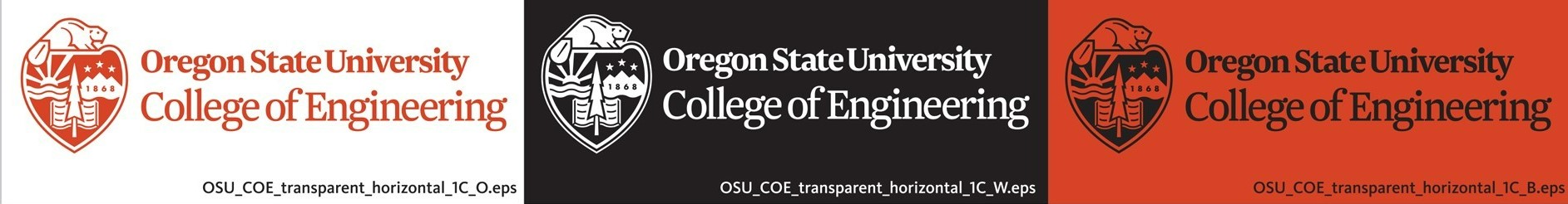 3 examples of College of Engineering logo with the crest and text all one color over a background. Orange text with white background, white text with black background and black text with orange background